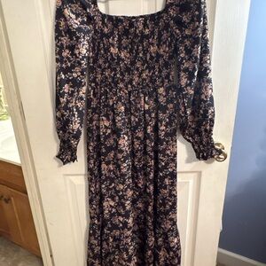 Floral Long Sleeve Square Neck Maxi Dress in Navy and Blush